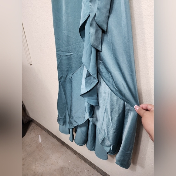 Lulus Double Darling Sage Green Color Block Satin Ruffled Maxi Dress Wedding - Picture 9 of 9